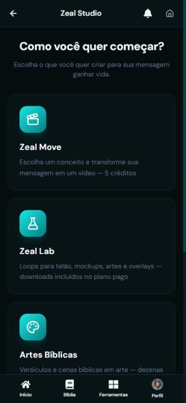 Tela atual do Zeal Studio no celular, com Zeal Move, Zeal Lab, Artes Bíblicas e a navegação inferior da plataforma.